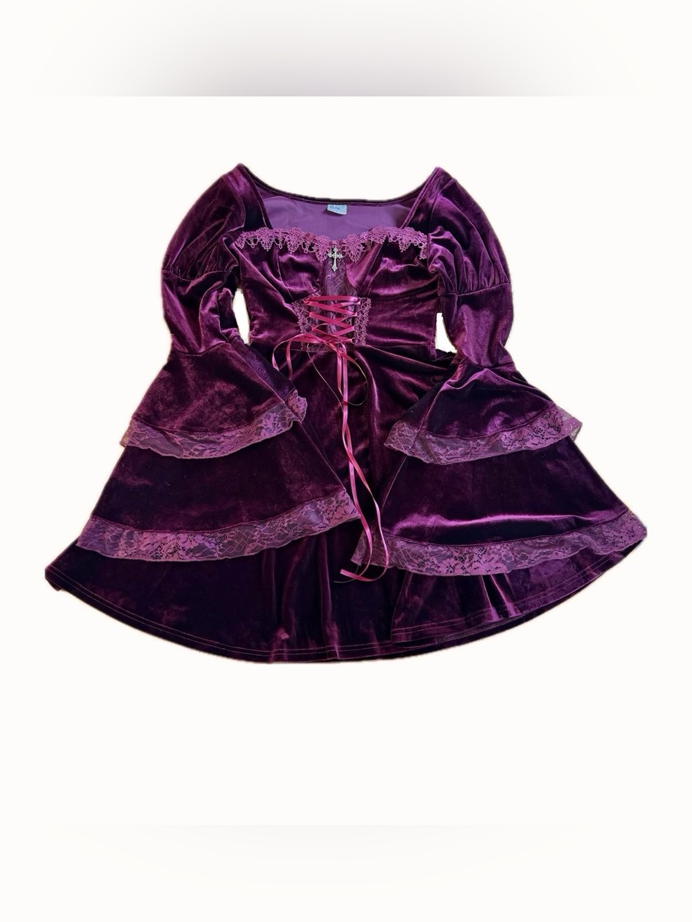 Spirit Halloween Burgundy Velvet Dress/Lace Accents, Bell Sleeves Womens Small